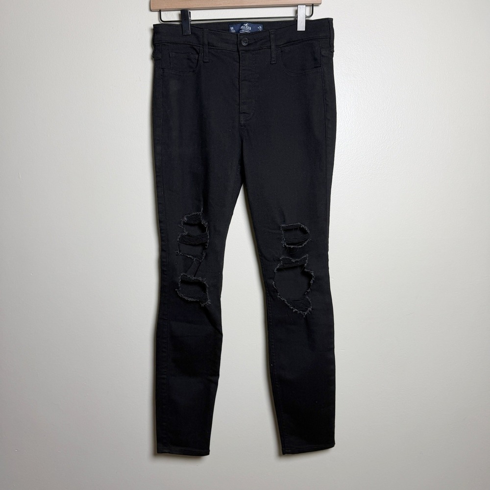 Hollister Womens Cotton Jeans 9R Black High-Rise Super Skinny Distressed 29x28